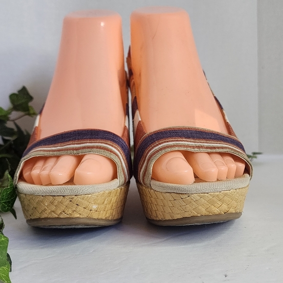 Anne Klein Fortuna Stripe Fabric Slingback Rattan Wedge Sandals Boho 6M - Picture 2 of 11